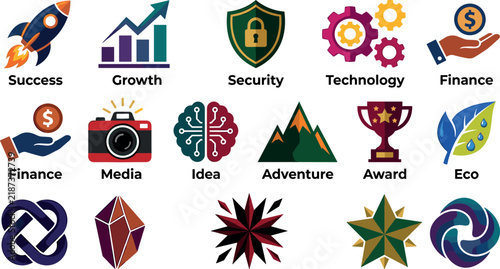 Business Strategy and Corporate Development Icon Set with Vector Symbols for Growth, Technology, Success, Security, Creative Ideas, and Abstract Marketing Concepts