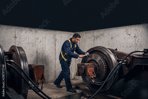Railway technician inspecting and measuring a train wheel disc brake assembly with a caliper tool in a maintenance depot