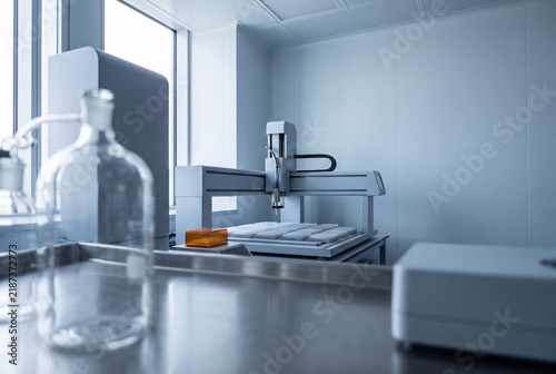 Automated liquid handler robotic system with microplate trays inside a sterile modern pharmaceutical laboratory