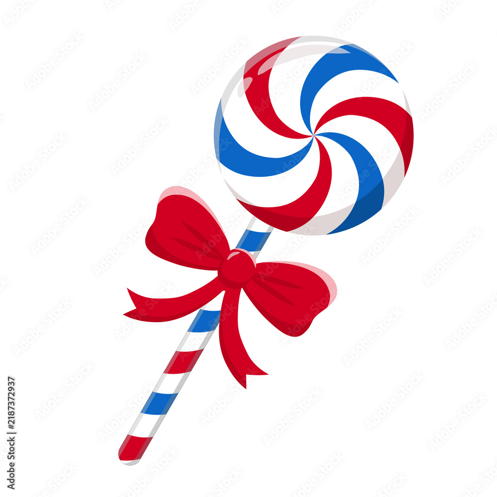 Fototapeta premium Tricolor red, blue, and white swirl Christmas lollipop decorated with a red ribbon bow isolated on white background. Sweet peppermint candy vector illustration for holiday decoration.