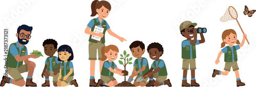 Children Summer Camp and Outdoor Nature Education Vector Illustration Set with Diverse Kids Planting Sapling, Catching Butterflies, Looking Through Binoculars, and Scouting