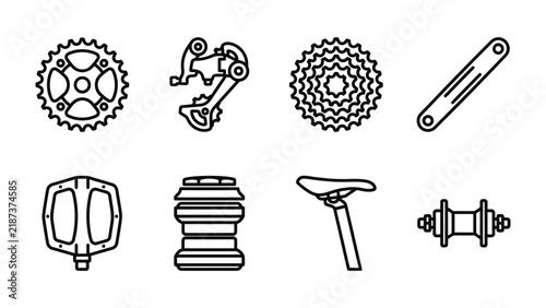 Bicycle Parts Collection: A graphic collection of essential bicycle components, including a chainring, derailleur, cassette, crank arm, pedal, headset, saddle, and hub.