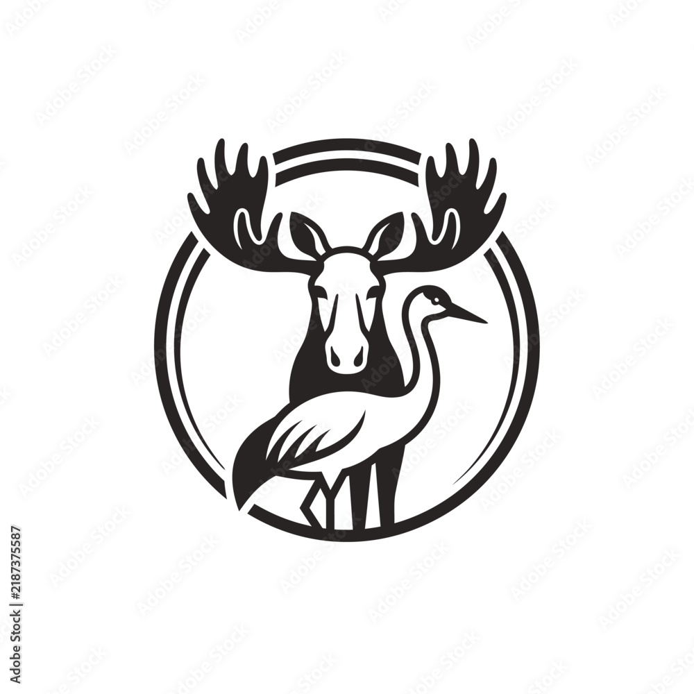 Fototapeta premium Vintage moose and crane wildlife logo, rustic animal emblem in circular frame, black and white forest fauna vector illustration silhouette vector
