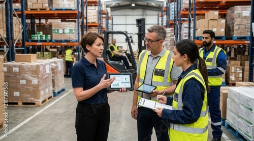 Warehouse Team Discussing Logistics and Inventory Management with Digital Tablets and Clipboard