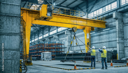 Inside an industrial warehouse with a large overhead crane and workers.