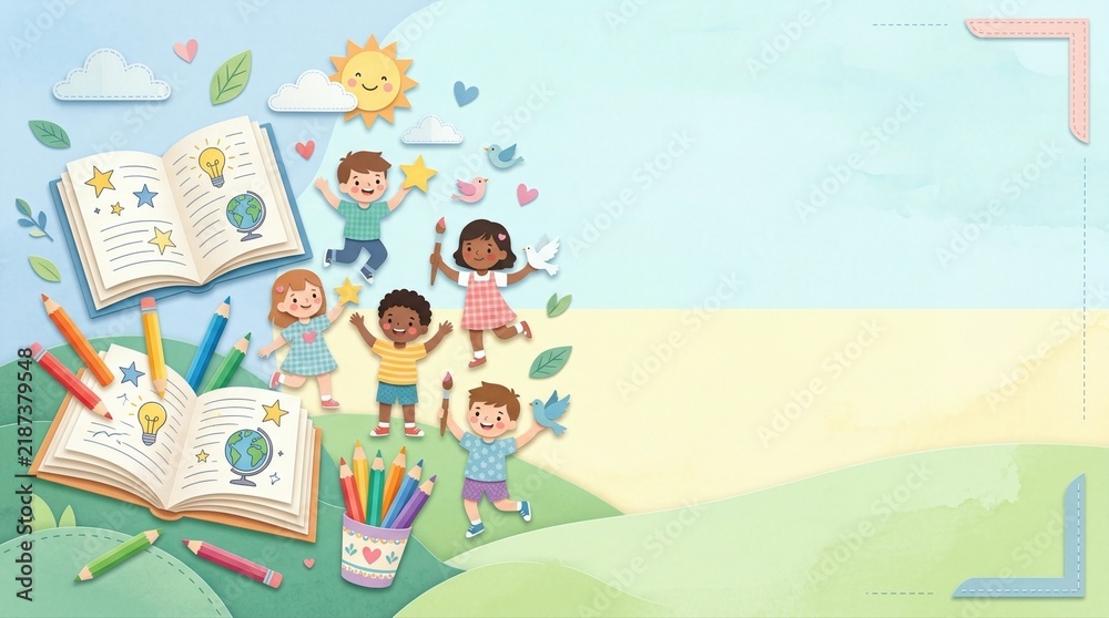 Fototapeta premium Diverse children playing and learning with books and pencils. Paper craft illustration featuring happy kids and school supplies. World childrens day celebration of education and youth.