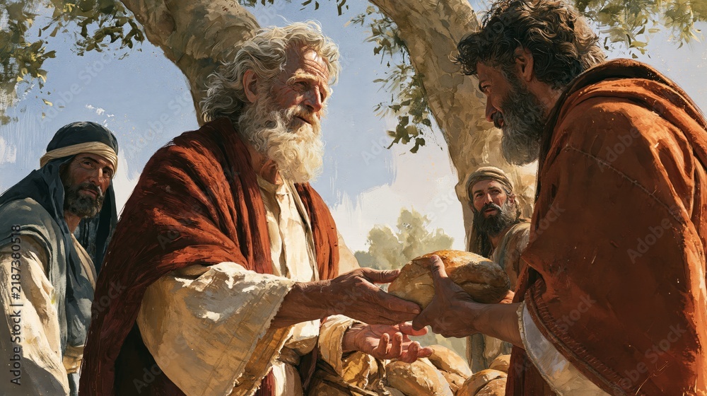Fototapeta premium Patriarchal hospitality scene: a venerable biblical patriarch and companions sharing and offering bread to travelers under an olive tree, evoking stories of welcome and provision.