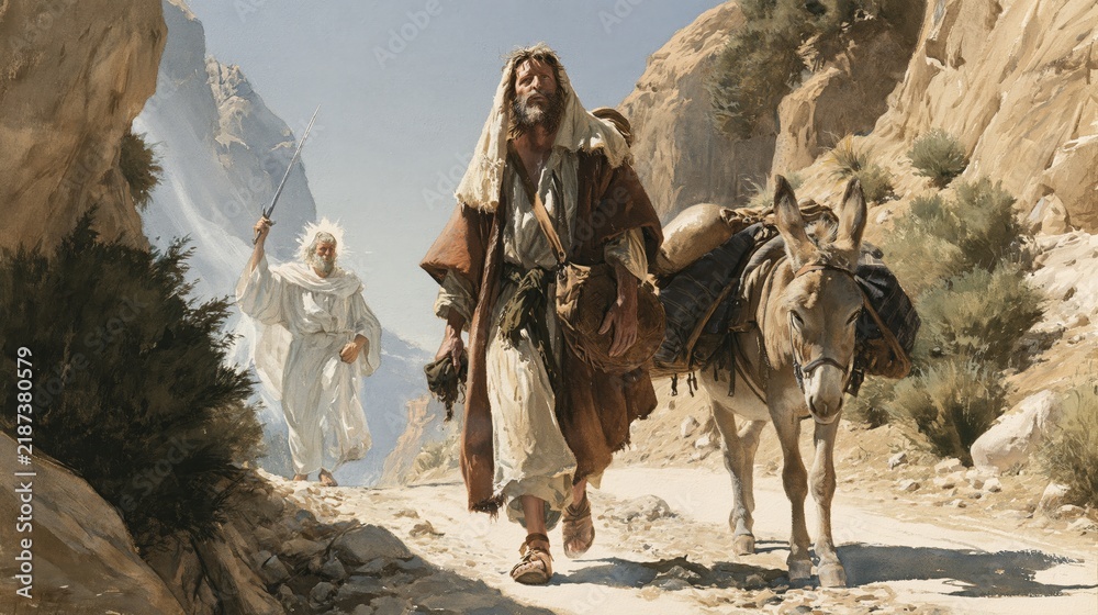 Fototapeta premium Biblical scene of a patriarch leading a donkey through a rocky desert canyon while an angelic messenger appears behind, symbolizing faith, guidance, pilgrimage, and divine promise