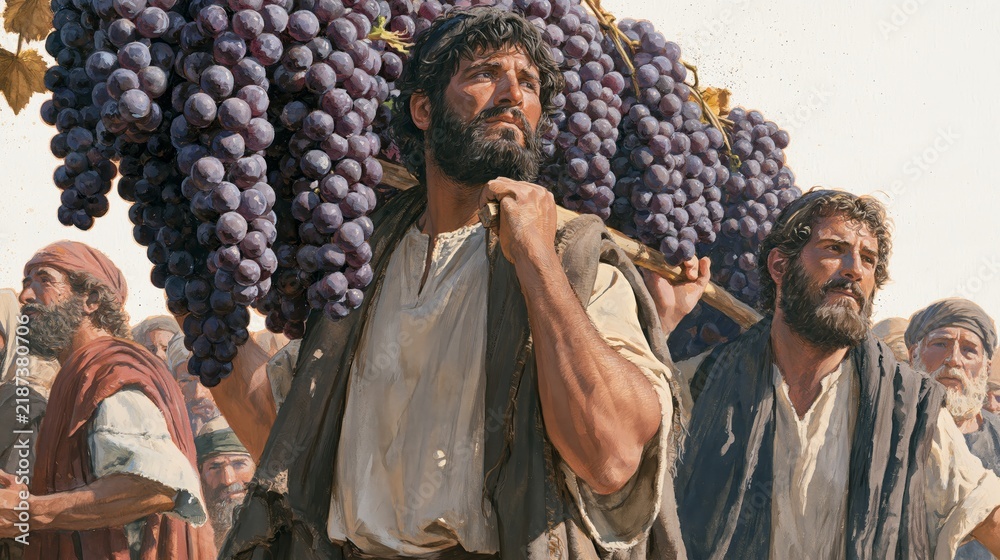 Obraz premium Biblical scene of Israelite spies carrying an enormous cluster of grapes from the land of Canaan, a vivid depiction of the Promised Land's abundant fruit and faith.