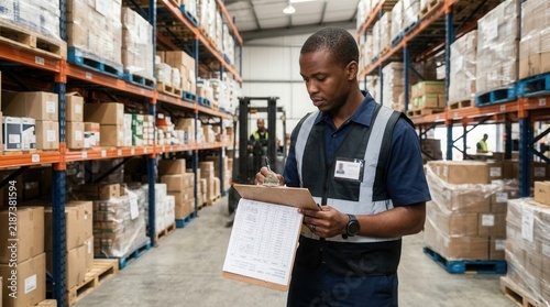 Warehouse worker checks inventory on clipboard in a vast distribution center filled with shelves of boxed goods.