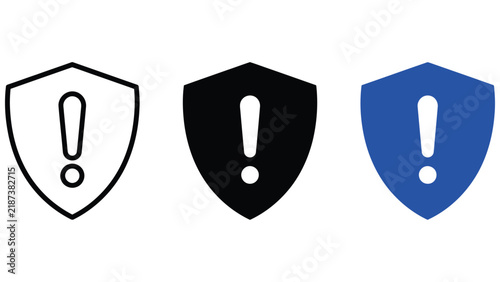 Three shield with exclamation mark symbols in outline, solid black, and solid blue styles for security and warning alerts on white background