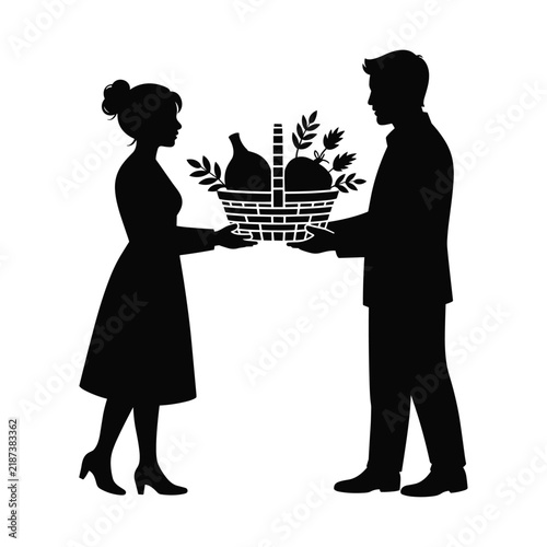 Man and woman holding wicker basket with fresh vegetables black vector silhouette style