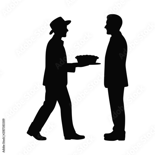 Man in a hat giving a pie on a tray to another man, a silhouette vector illustration