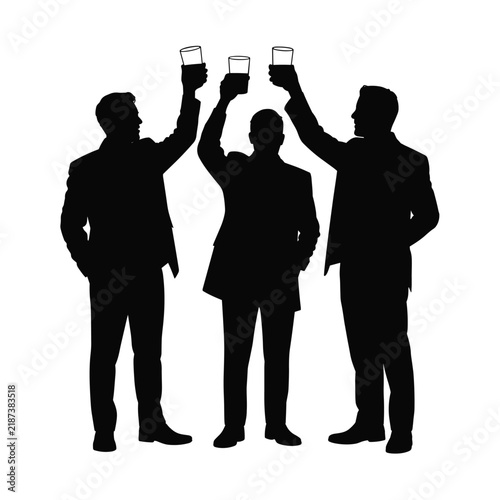 Three businessmen in suits raising glasses for a toast, celebrating success and achievement together.