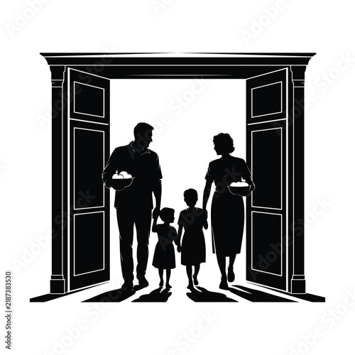 Parents holding children hands walking through open doorway black vector silhouette art