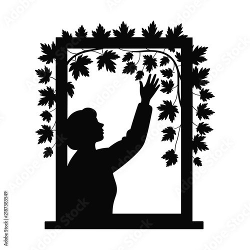 Woman reaching for autumn leaves framed in a window celebrating season change and fall colors.