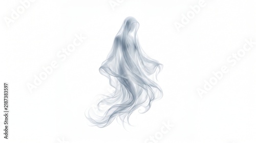 Ethereal ghost figure made of flowing translucent fabric against a pure white background