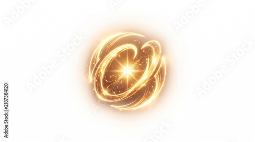 Golden Orb of Light Energy Swirling with Particles and Streaks on White Background