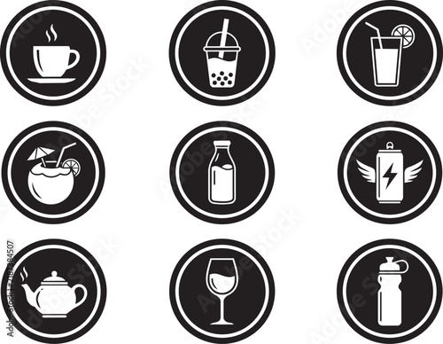 Beverage icons set displays various drink types including coffee, bubble tea, lemonade, coconut, milk, energy drinks, tea, wine, and water bottles.