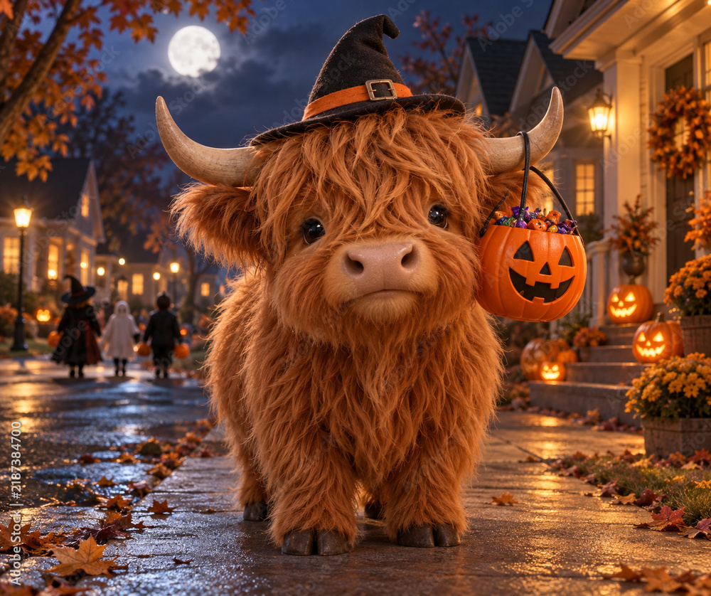 Fototapeta premium Highland Cow With Candy Bucket Trick-Or-Treat
