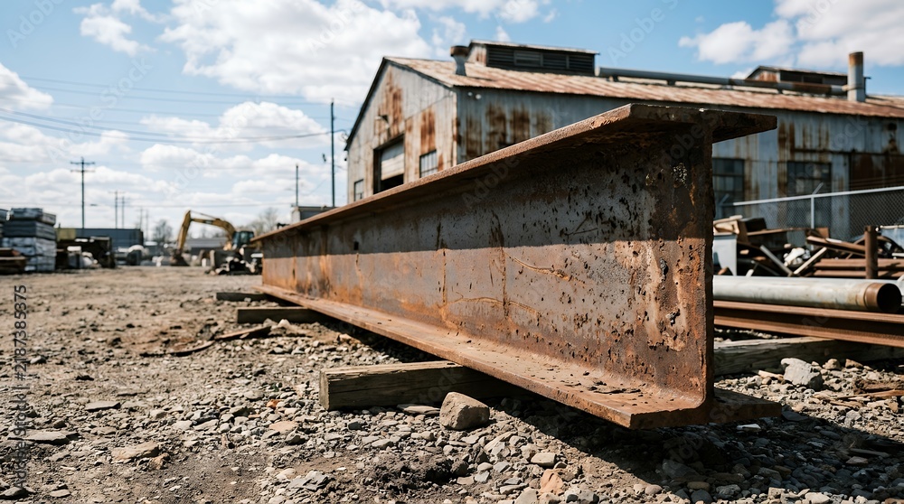 Fototapeta premium Heavy duty rusty I-beam, industrial metal girder, weathered steel construction material, abandoned factory backdrop, scrap metal yard