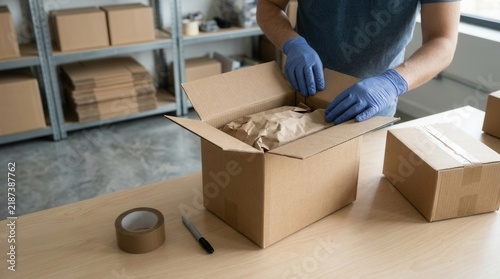 Warehouse worker in blue gloves packing an order in a cardboard box with crumpled paper, ready for shipping.