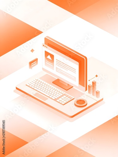 Isometric illustration of a laptop with data elements