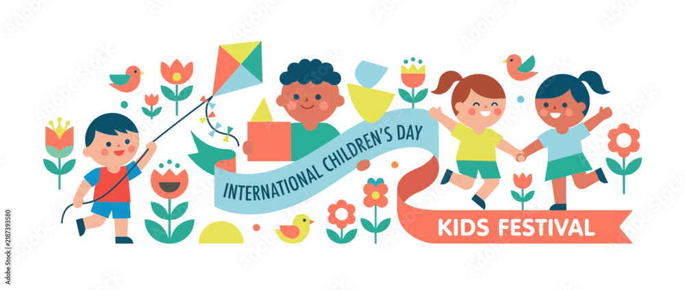 Fototapeta premium Happy Children Playing Outdoors With Kite, Flowers, Birds and Festival Banner