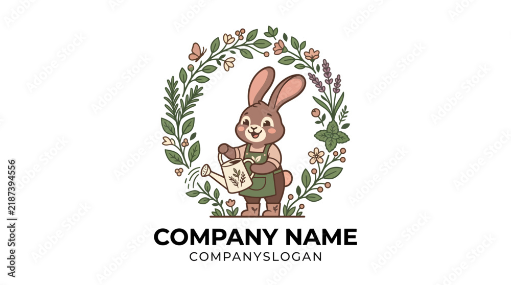 Fototapeta premium Hand drawn illustration of a cute bunny gardener with a watering can in a floral wreath.