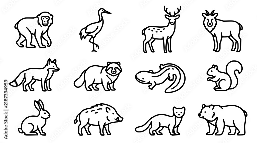 Fototapeta premium Wildlife Icons Set with Bear, Fox, Deer, and Rabbit Illustrations