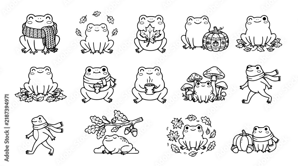 Obraz premium Frogs with Autumn Leaves and Pumpkins, Cute Doodle Set Featuring Frog, Foliage