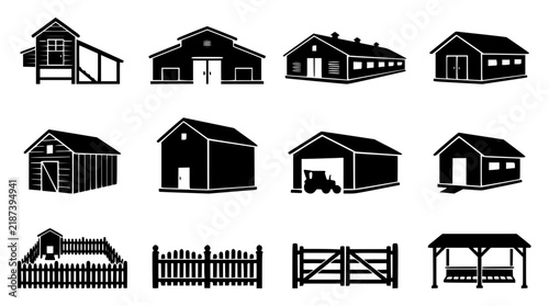 Farm Buildings Set, Various Styles and Structures, Rural Landscape Icons