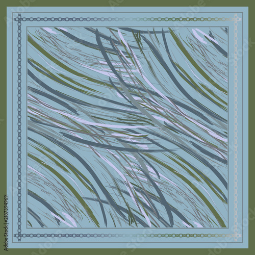 Abstract Geometric Digital Background: Modern Expressive Brush Stroke Pattern with Wave Line Movement, Chain Link Border Frame, and Textured Graphic Design Soft blue