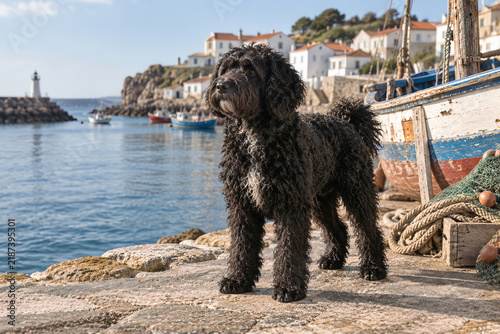 Portuguese Water Dog Standing on a Stone Quay in a Coastal Village