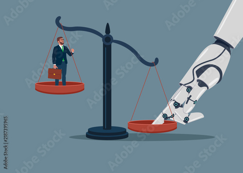 Artificial intelligence. Robotic hand cyborg. The Illegally influencing the legal system for an unfair advantage. Flat vector illustration