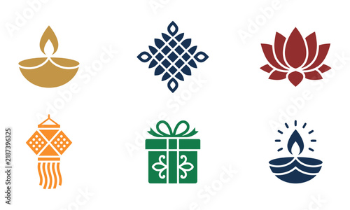 Set of colorful flat icons representing traditional indian festival elements like diyas lotus and festive gift boxes