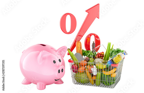 Food inflation with grocery basket piggy bank and rising percent arrow. 3D rendering