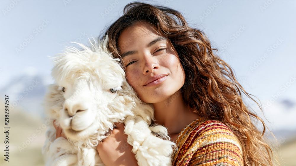 Fototapeta premium Woman in traditional woven poncho tenderly embraces a fluffy alpaca in the sunlit Andes highlands, capturing warm cultural connection and natural wool texture.
