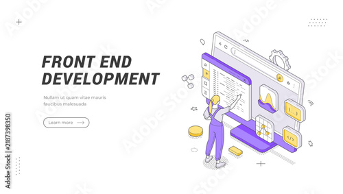 Front End Development banner template. An isometric vector illustration showing a developer coding a user interface on a computer screen. Excellent for web design agencies and tech blogs