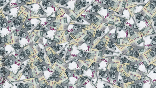 Seamless financial pattern. Many scattered banknotes. Obverse. Denomination, 1000 pesos. Currency of United Mexican States. Money and business. Economic wallpaper, background. Endless texture. Mexico
