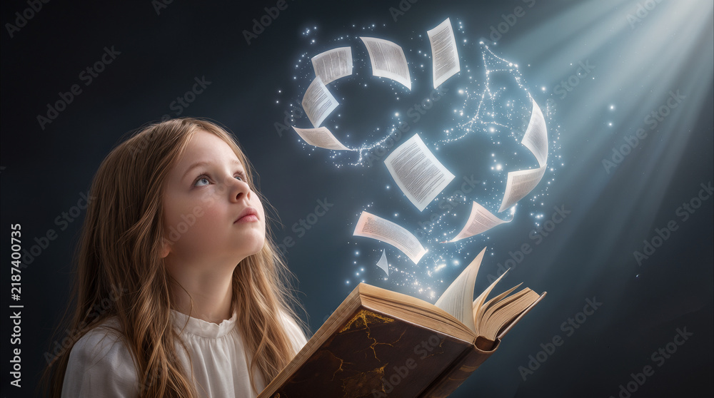Fototapeta premium School-age girl looking at magical glowing book with flying pages. Fantasy storytelling and imagination concept for children education.
