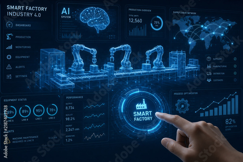 Smart factory Industry 4.0 holographic dashboard with robotic arms, ideal for technology presentations and advertisements, featuring ample copy space, perfect for automation, manufacturing, and