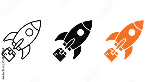 Three rocket ship carrying a cardboard box, symbolizing express delivery, in outline, solid black, and solid orange styles on white background