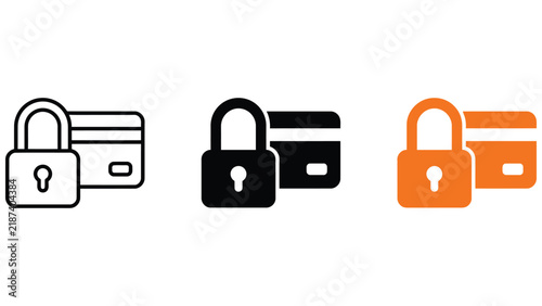 Three security featuring a padlock and credit card symbol in outline, solid black, and solid orange styles on a white background