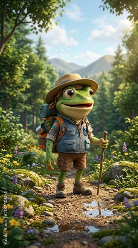 Anthropomorphic Frog Hiker Exploring a Lush Forest Trail.
