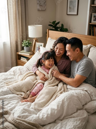 Asian Family Enjoying Cozy Morning Together in Bed 1.