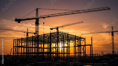 Construction Site with Cranes at Sunset.