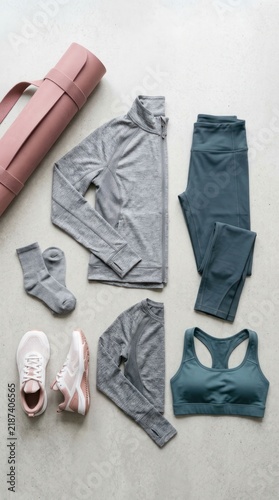 Flat lay of womens athletic wear and yoga mat for fitness.