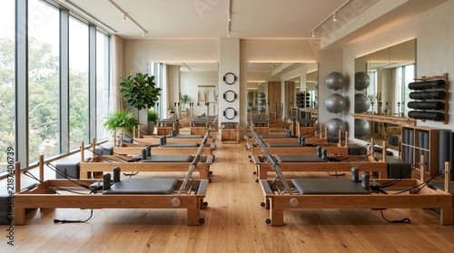 Modern Pilates Studio with Natural Light and Equipment.