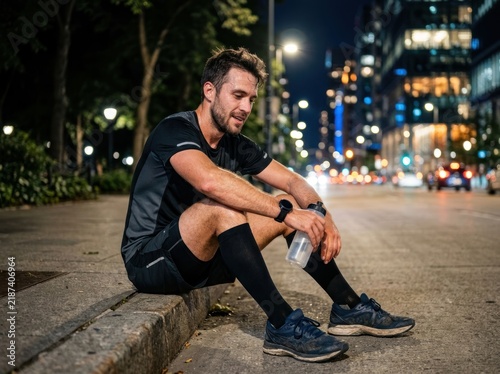 Tired Runner Resting on City Street at Night After Workout.